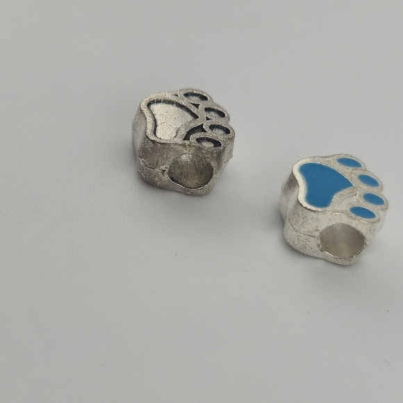 Set of 2 Dog Paw European Charm Beads Silver Tone Blue Enamel Pet Jewelry - Picture 3 of 3